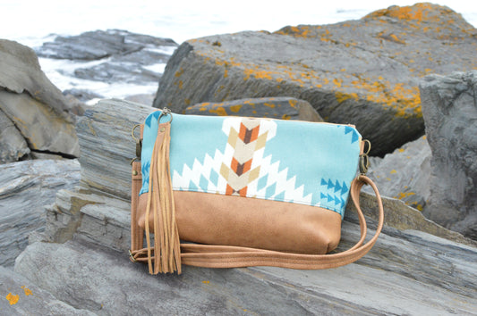 XL Ruby crossbody bag, Rancho Arroyo Aqua wool, caramel brown genuine leather