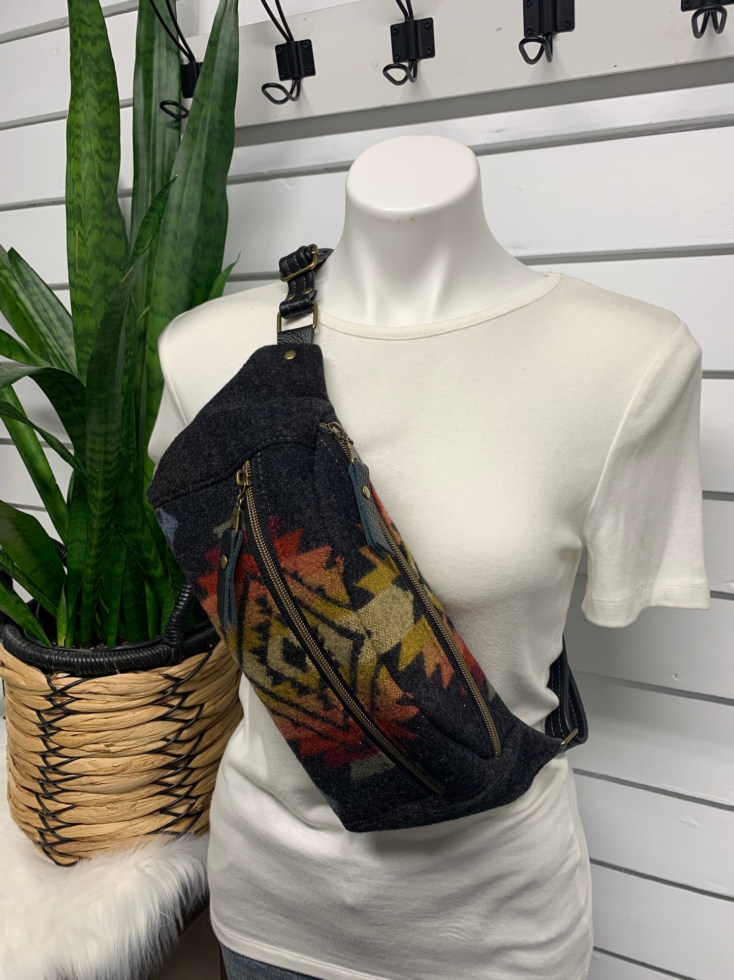 Jade Sling bag Pueblo dwelling wool and black leather crossbody