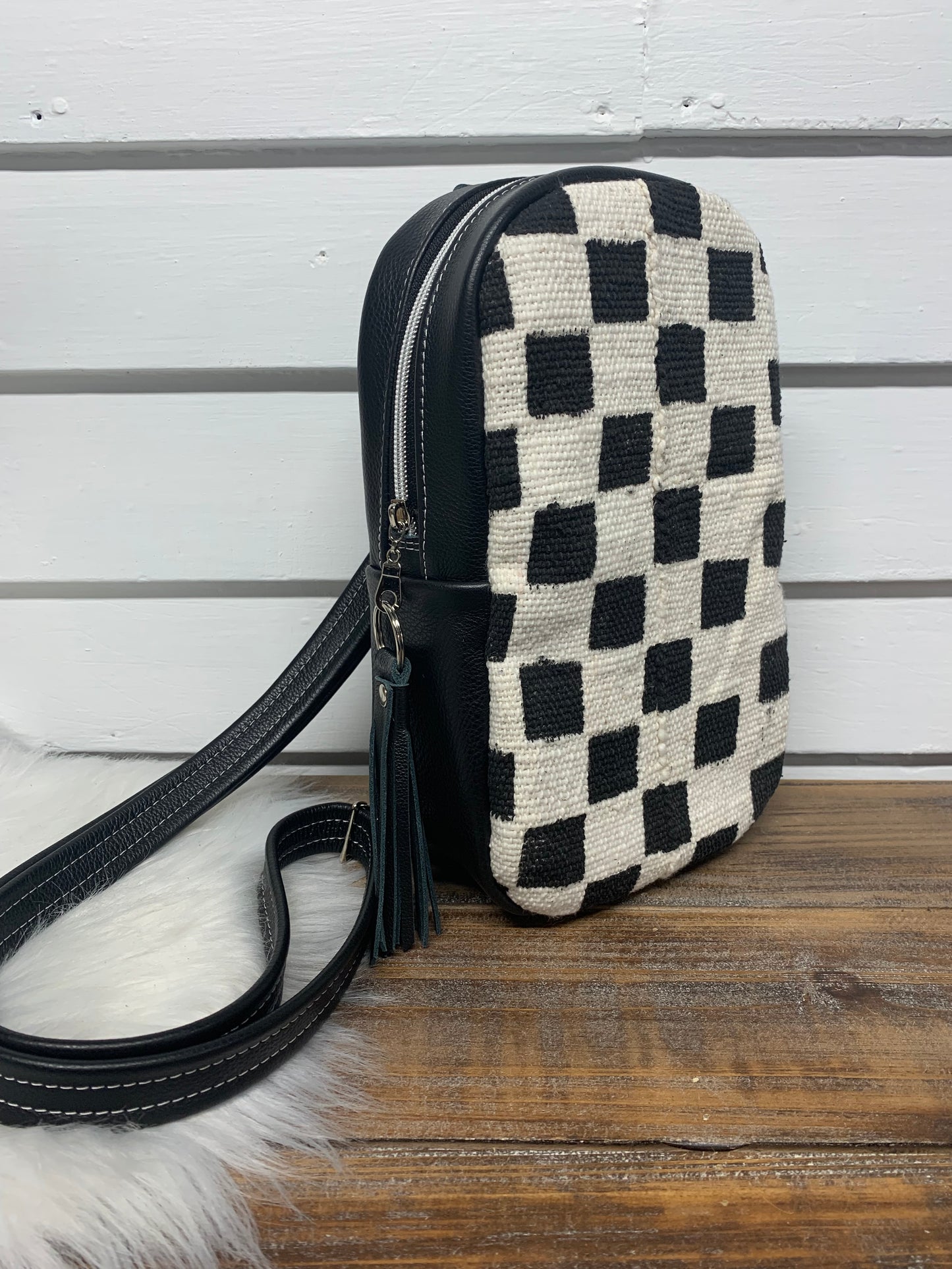 Citrine Sling backpack Checkered Mali Mudcloth and Black leather
