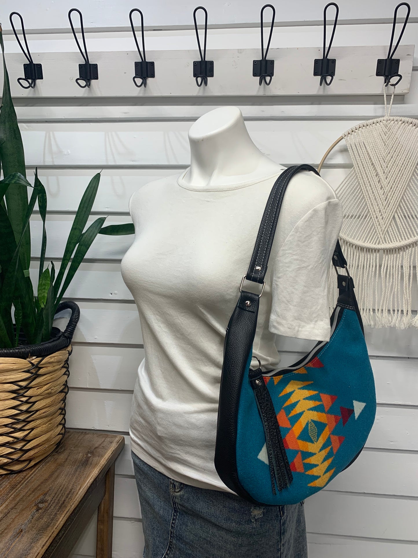 Garnet small hobo bag All Over Turquoise Wool and black leather, shoulder strap