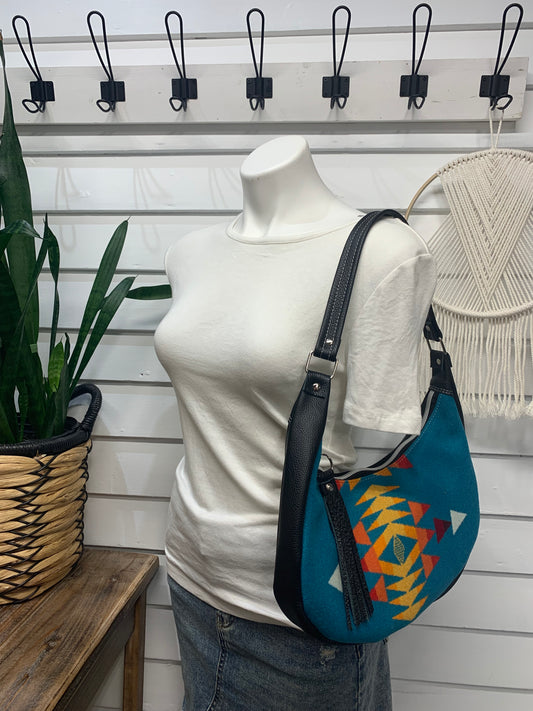 Garnet small hobo bag All Over Turquoise Wool and black leather, shoulder strap