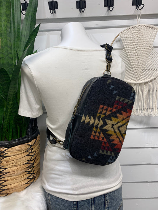Citrine Sling backpack Pueblo dwelling wool and Black leather