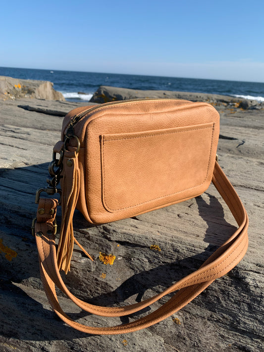 Emerald crossbody bag, Caramel brown pebble grain leather