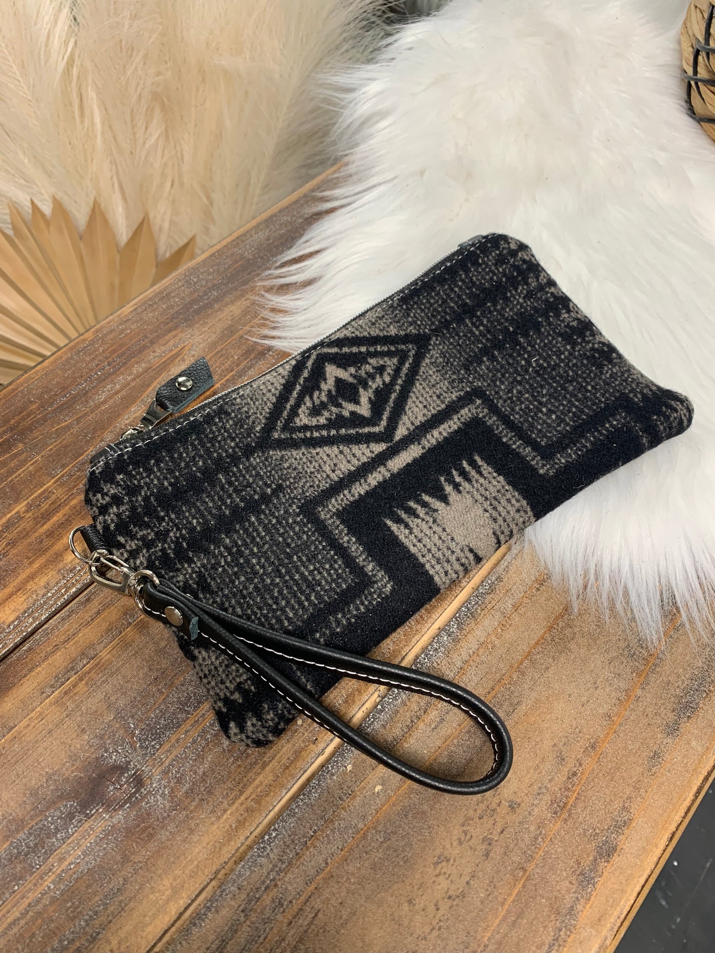 Wool clutch wristlet, Black leather, Harding tan, leather clutch wallet, Maine made, Portland wool fabric