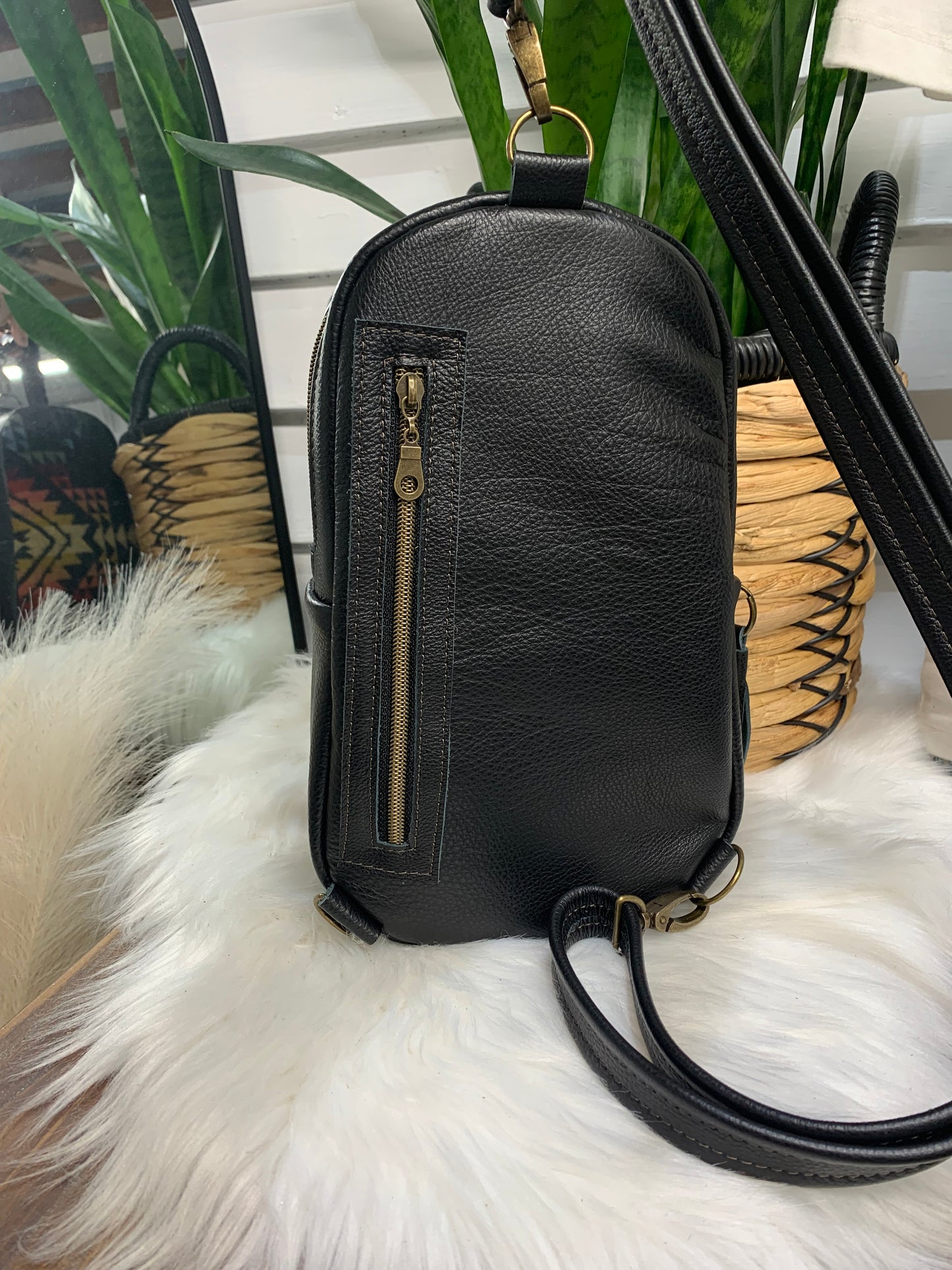 Citrine Sling backpack Pueblo dwelling wool and Black leather