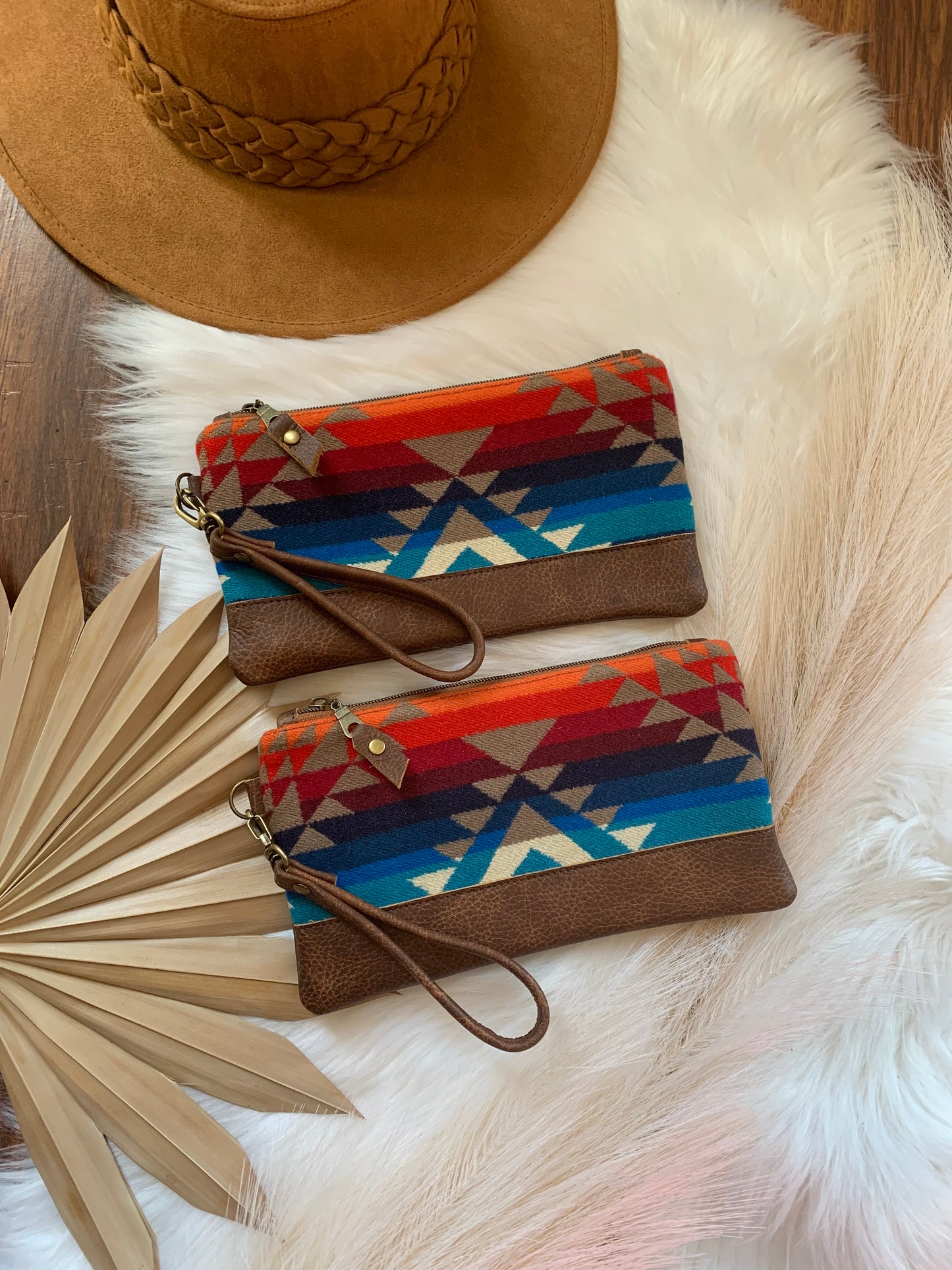 Wool and leather clutch wristlet, Pilot rock wool, saddle leather clutch wallet