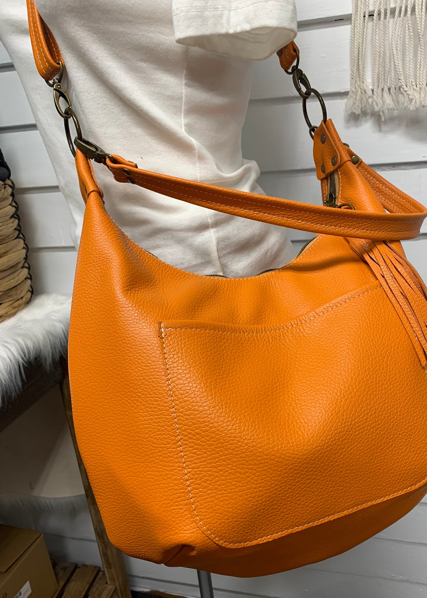 Onyx hobo bag, Pumpkin Italian pebble grain leather crossbody