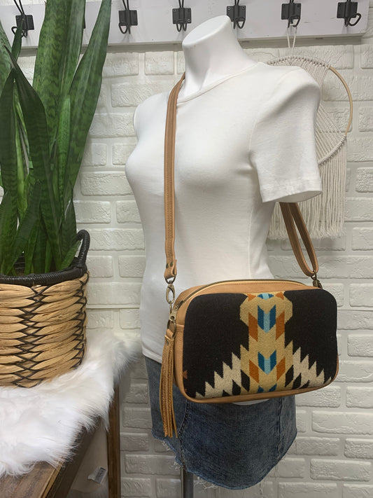Emerald crossbody bag, Rancho Arroyo black wool, caramel leather