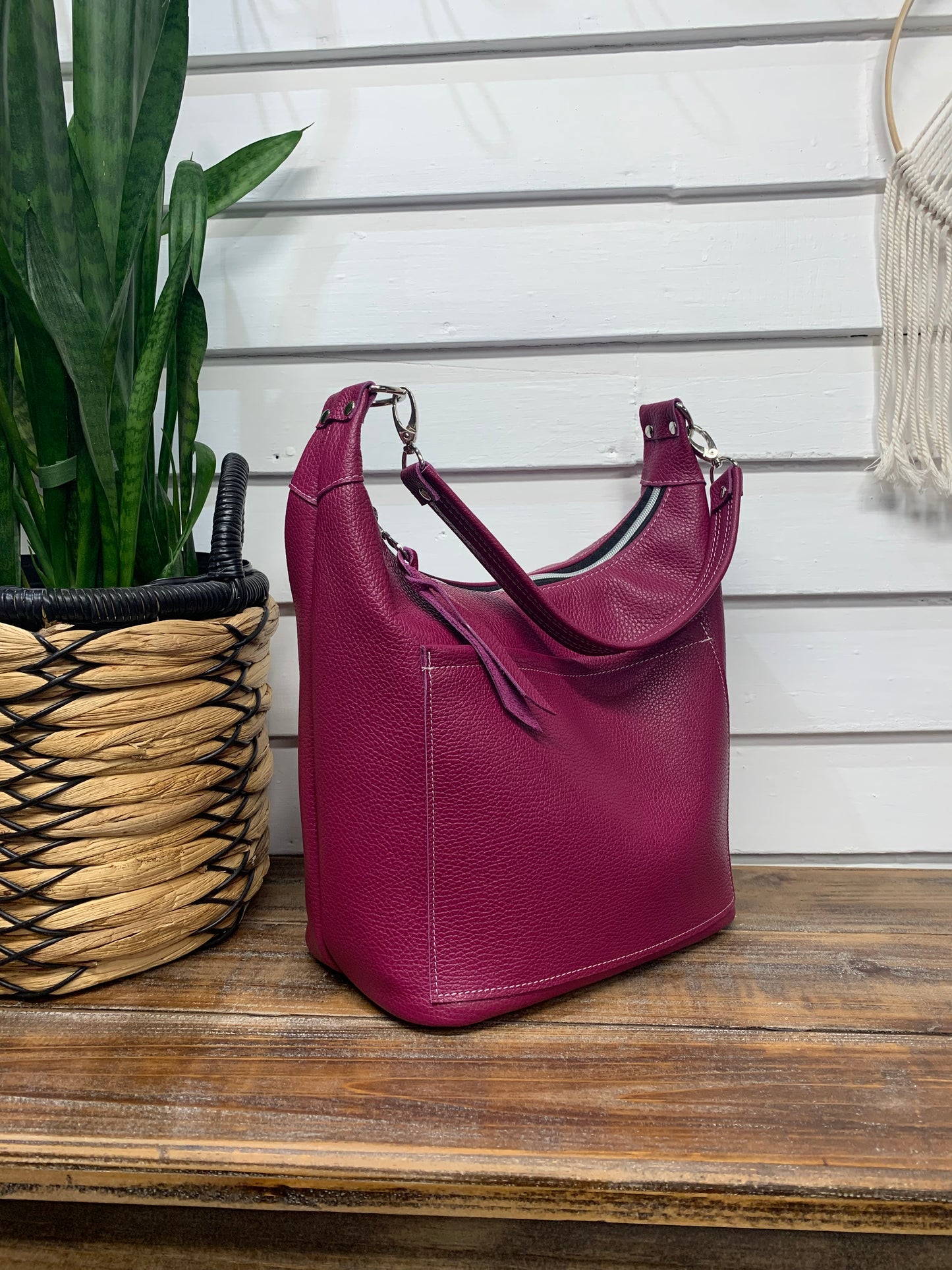 Jasper Bucket bag, Berry Italian pebble grain leather