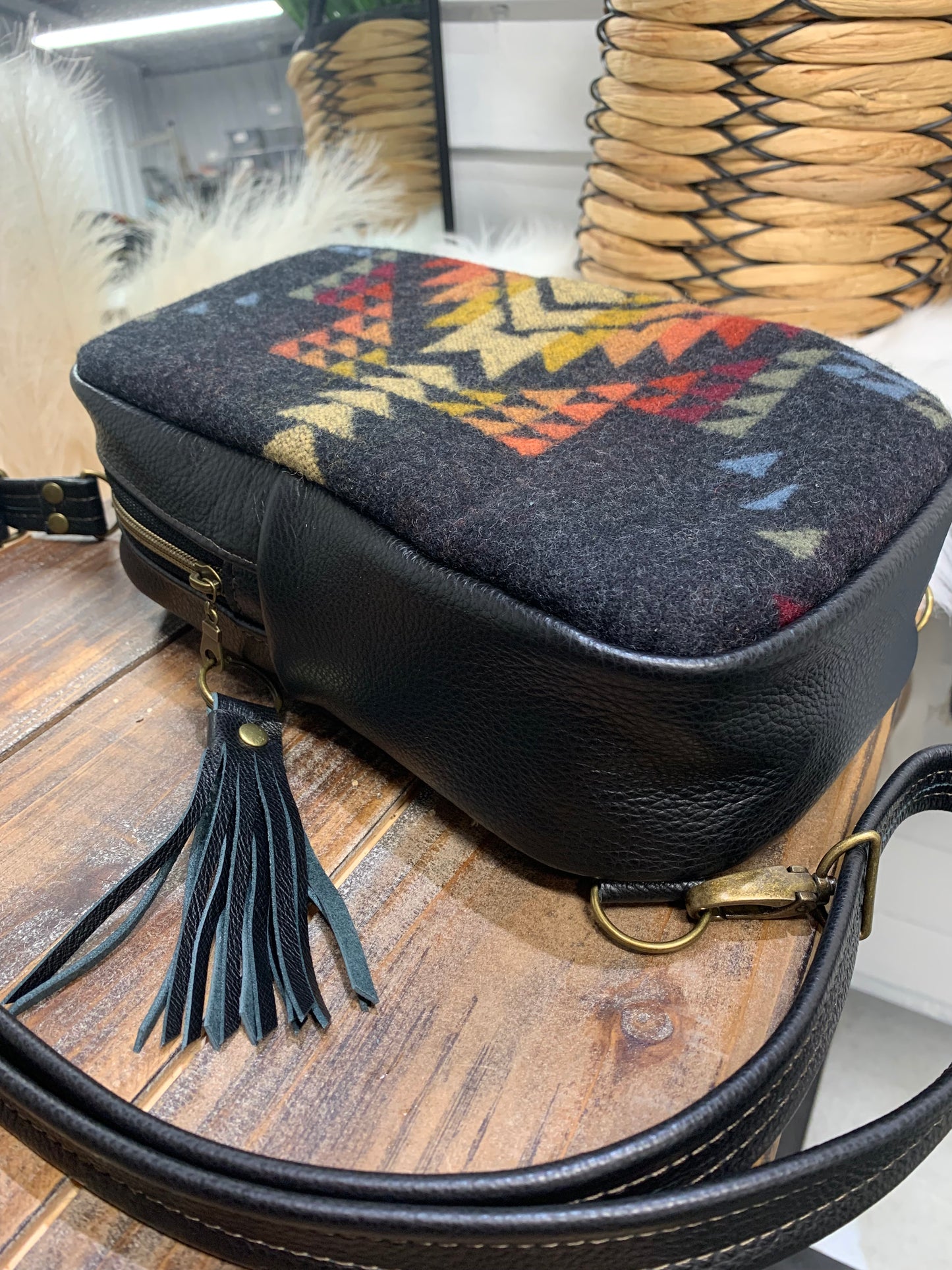 Citrine Sling backpack Pueblo dwelling wool and Black leather