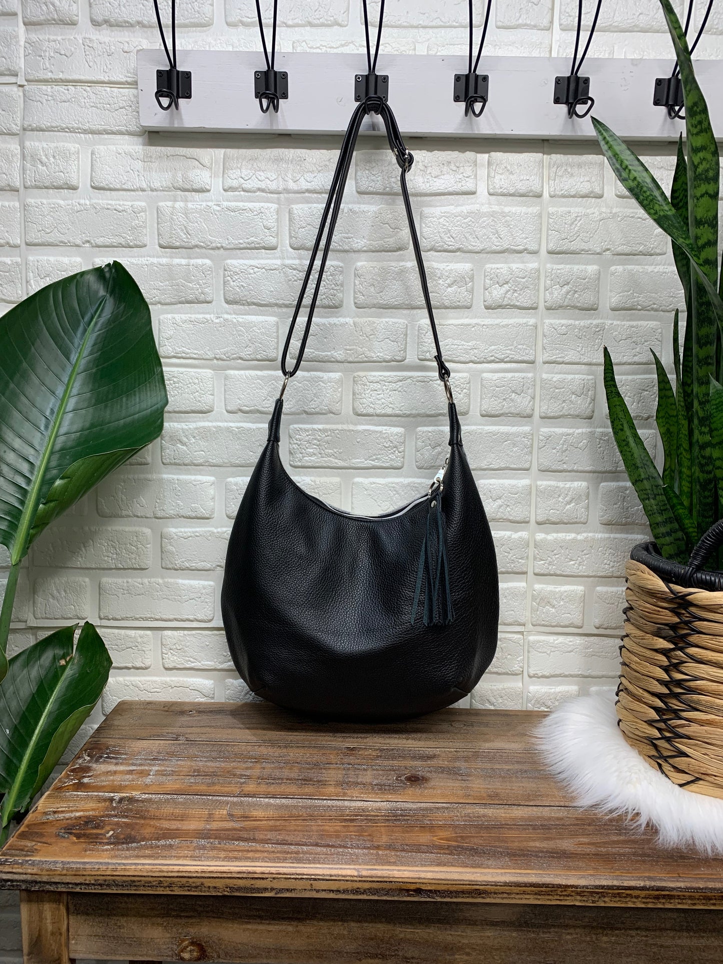 Black leather hobo bag, canvas lining, zipper closure, handmade, pebble grain leather