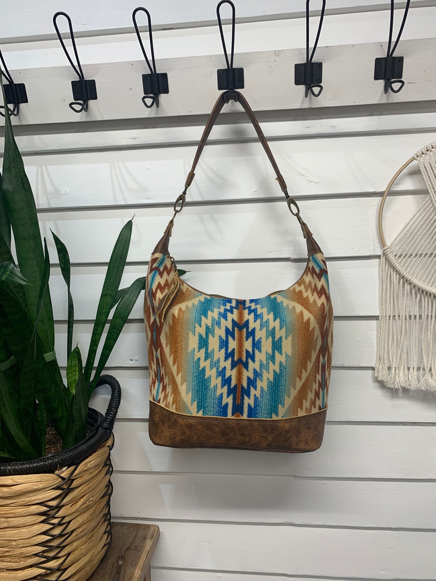 Jasper Bucket bag, Pagosa Springs wool, saddle brown leather