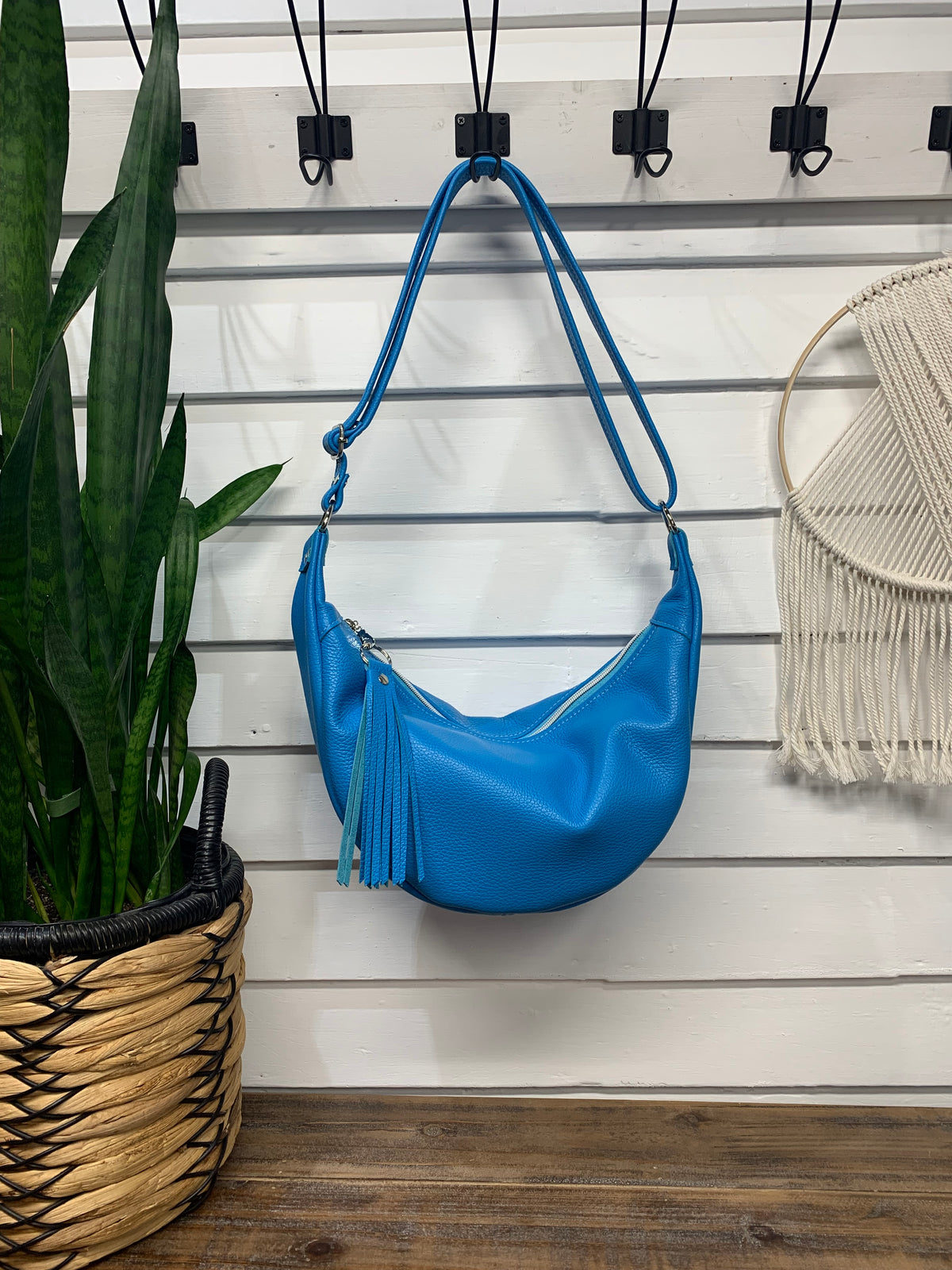 Half moon crossbody hobo bag Bright Blue Italian leather