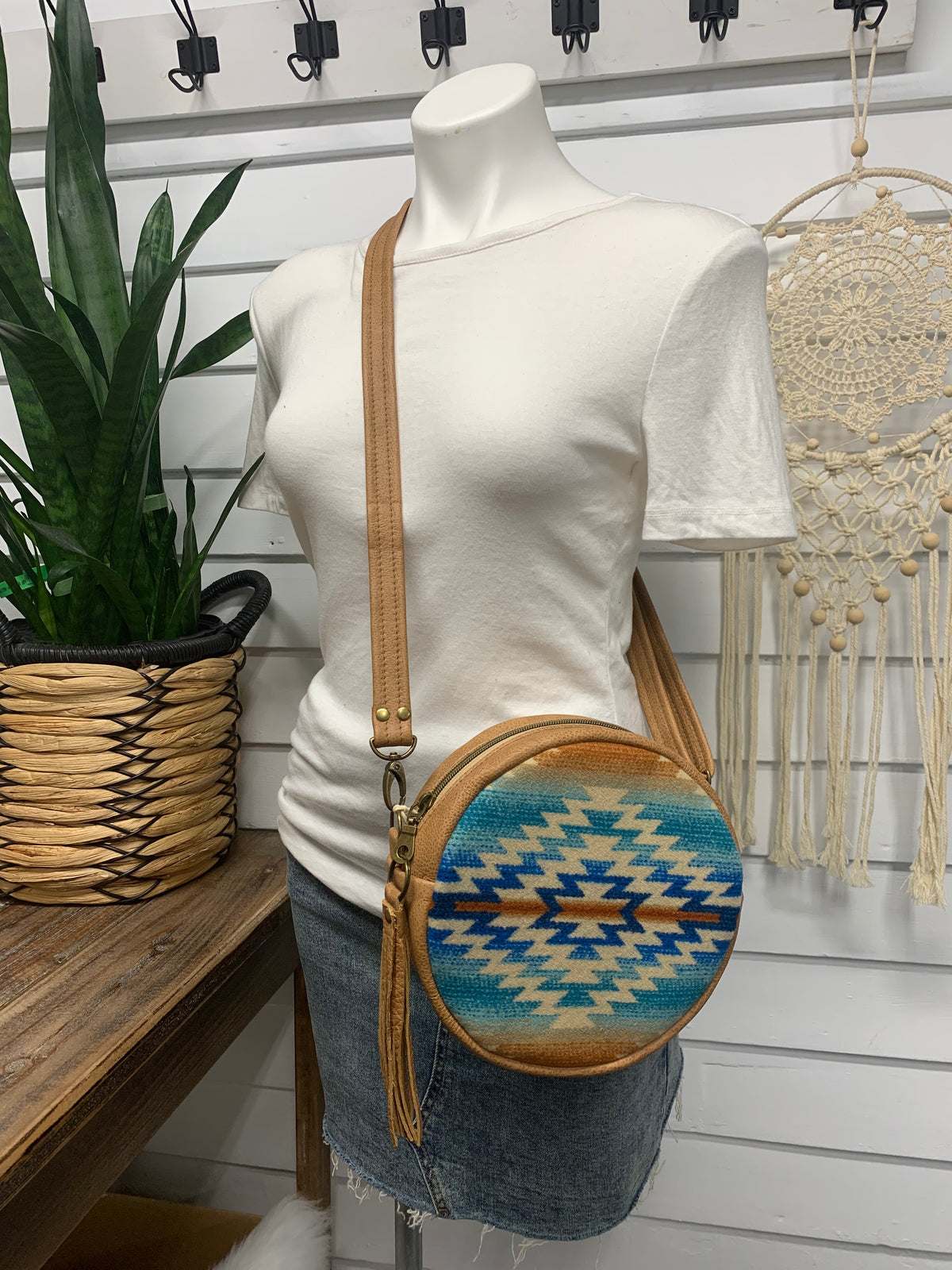 Moonstone crossbody bag, Pagosa Springs wool, caramel brown leather, Canteen bag