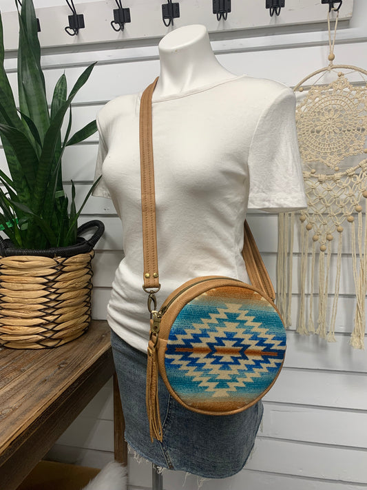Moonstone crossbody bag, Pagosa Springs wool, caramel brown leather, Canteen bag