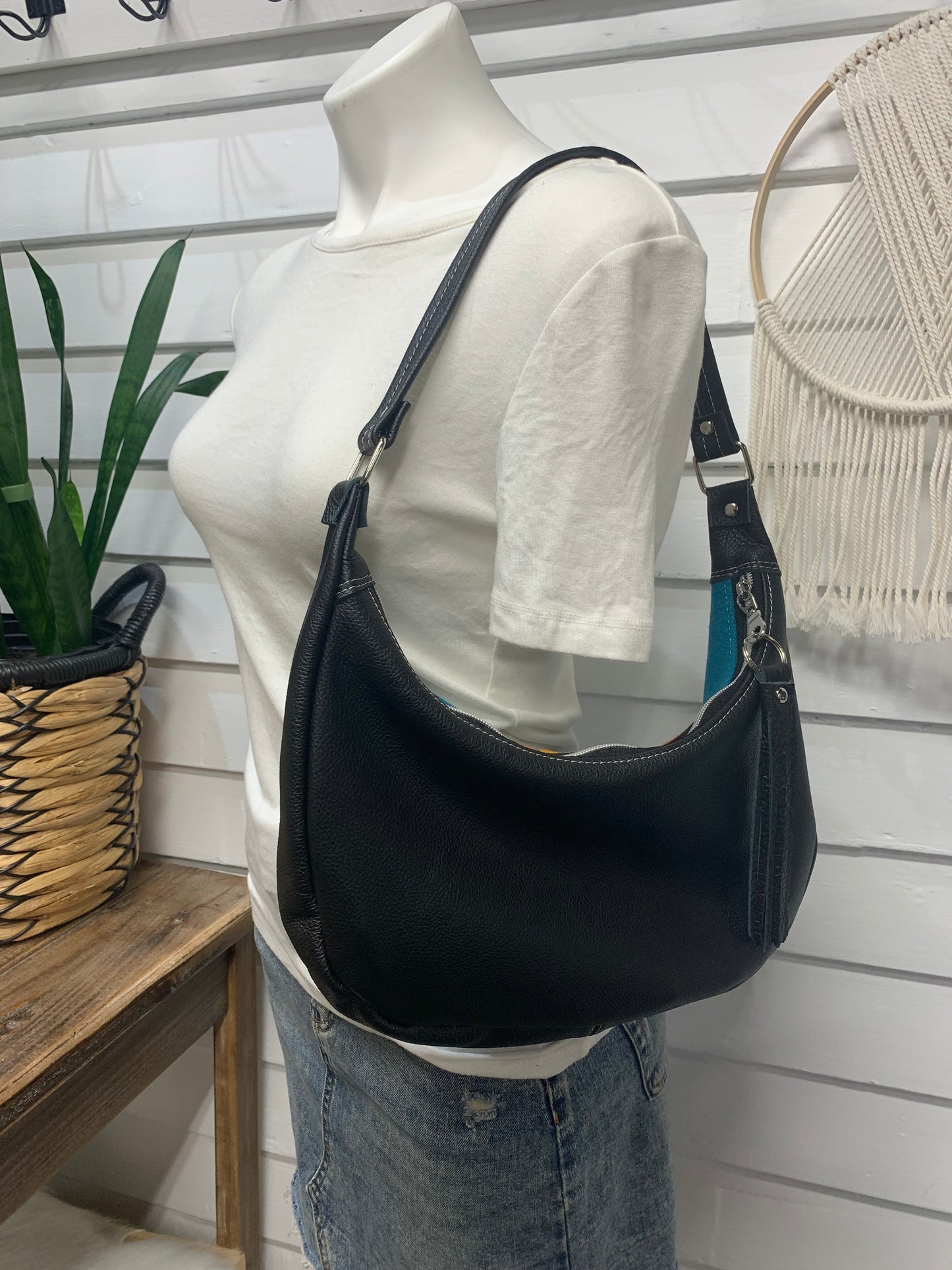 Garnet small hobo bag All Over Turquoise Wool and black leather, shoulder strap