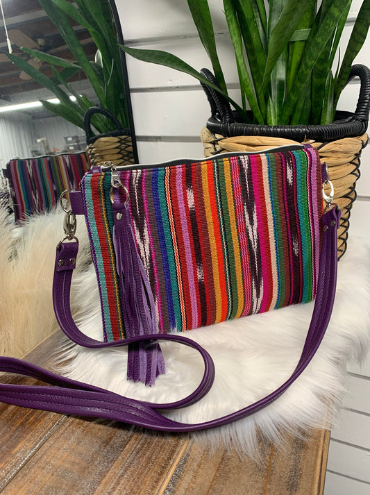 XL Clutch  Guatemalan Bright woven, purple leather, crossbody