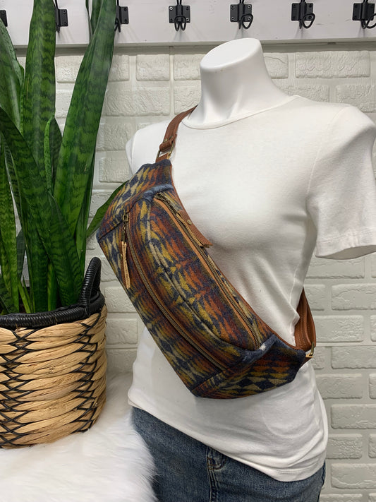 Jade Sling bag Navy Harding wool and spice leather crossbody