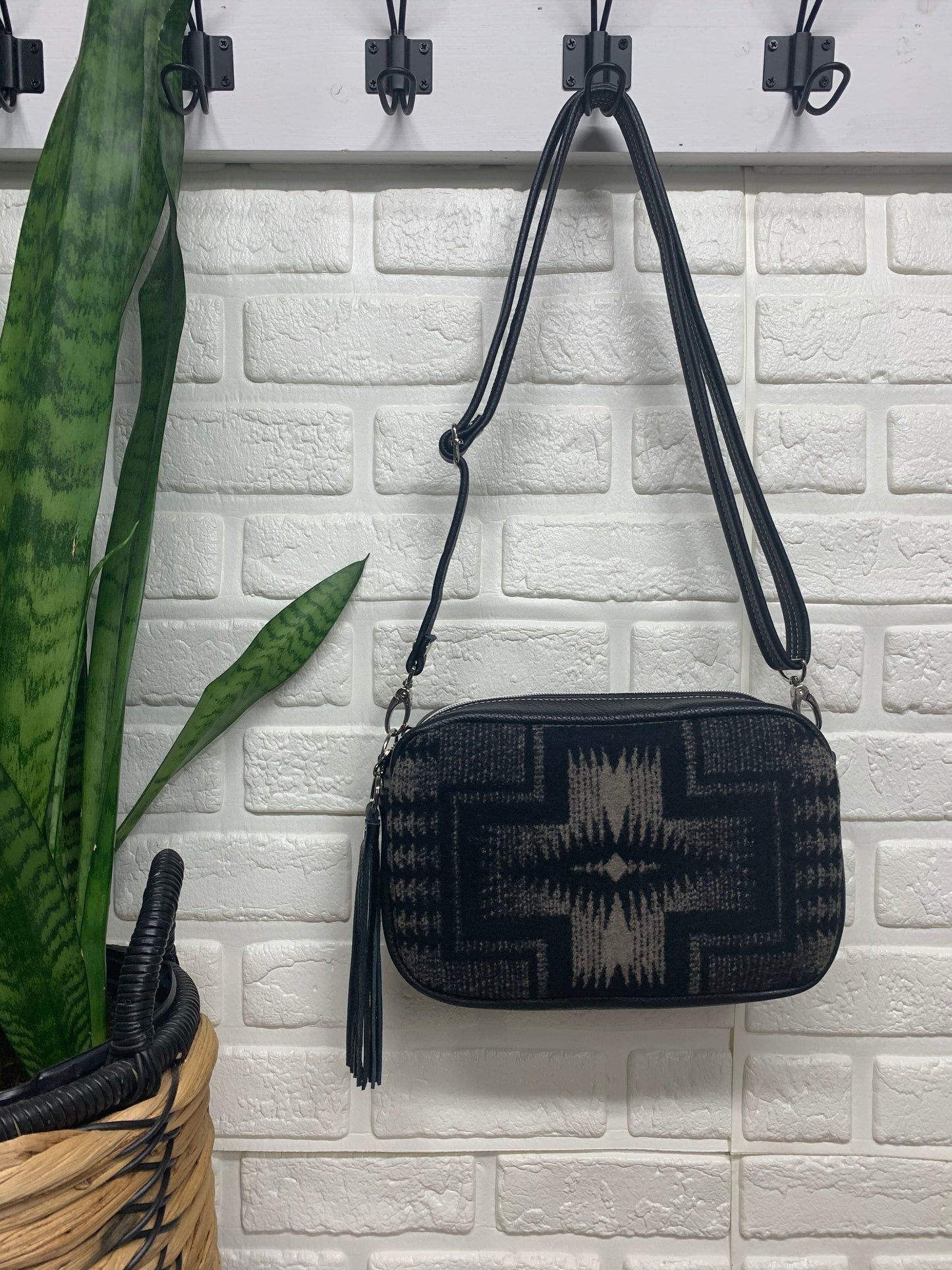 Emerald crossbody bag, Harding black wool, black leather, Camera bag