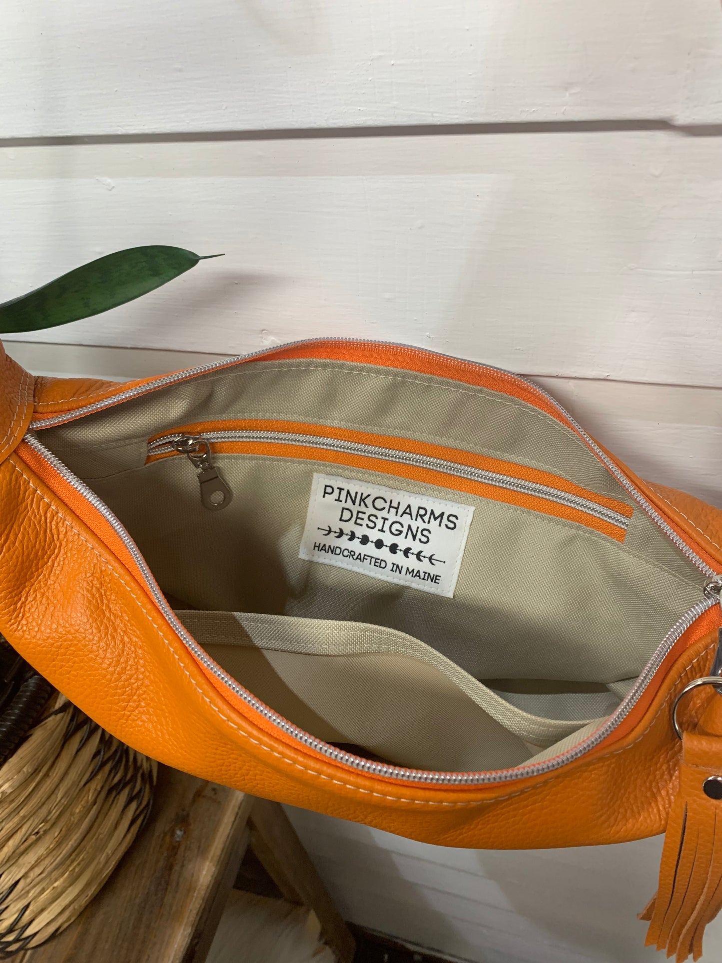 Half moon crossbody hobo bag Orange Italian leather
