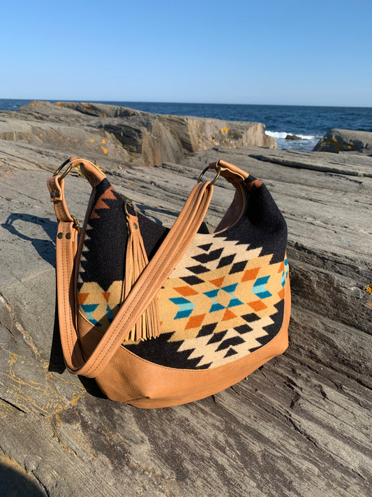 Wool and caramel leather hobo crossbody bag, Rancho Arroyo black wool
