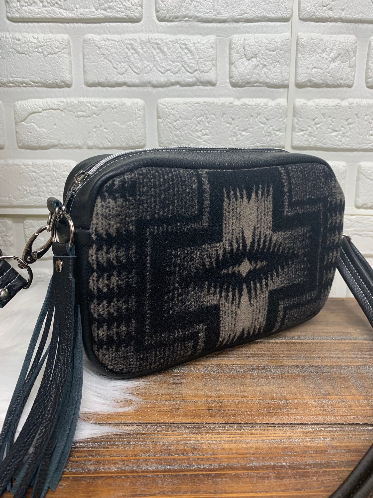 Emerald crossbody bag, Harding black wool, black leather, Camera bag