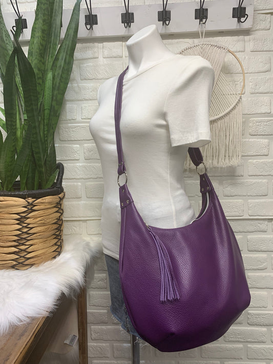 Onyx hobo bag, Purple Italian pebble grain leather crossbody