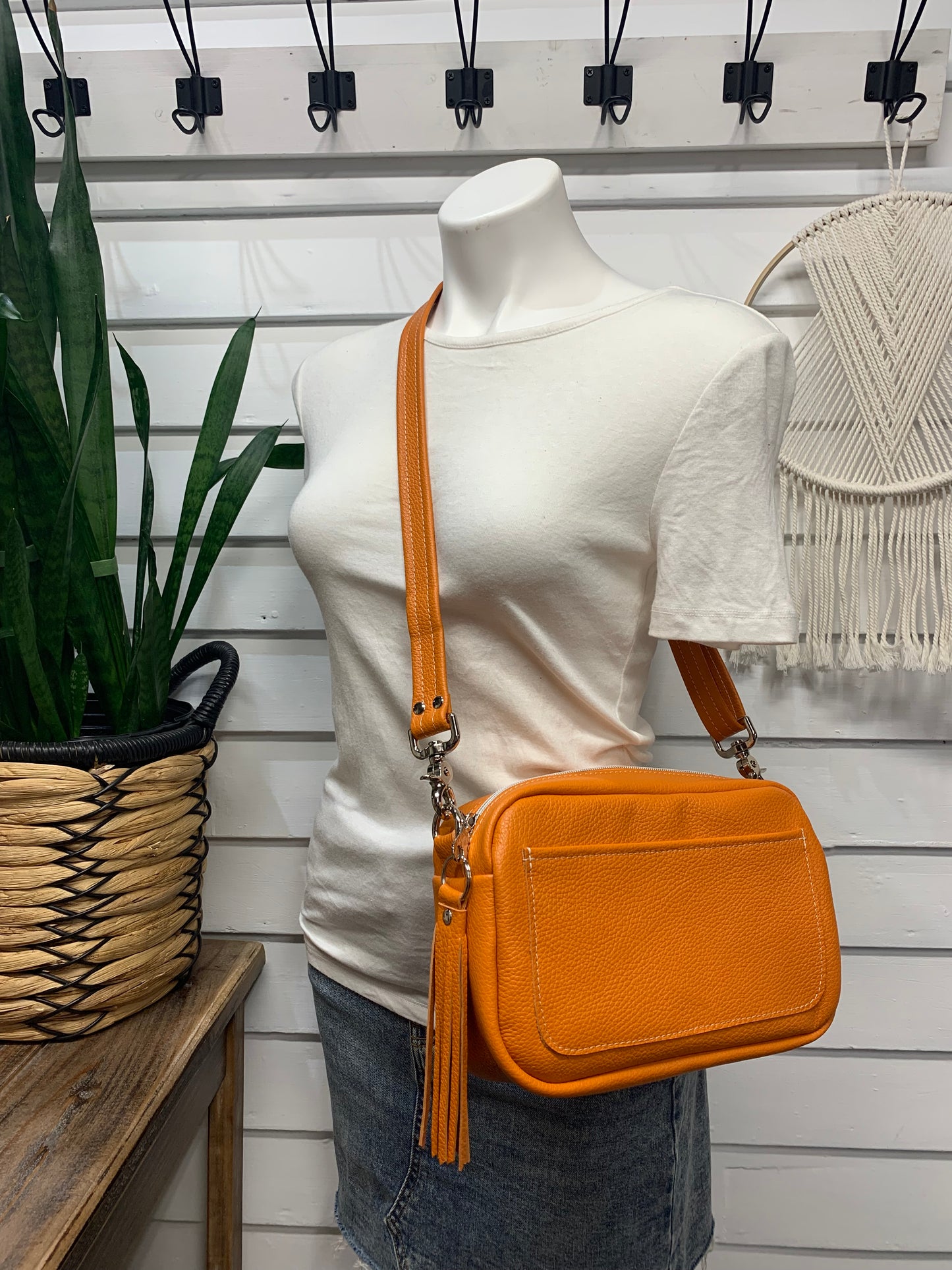 Emerald crossbody bag, Orange Italian pebble grain leather