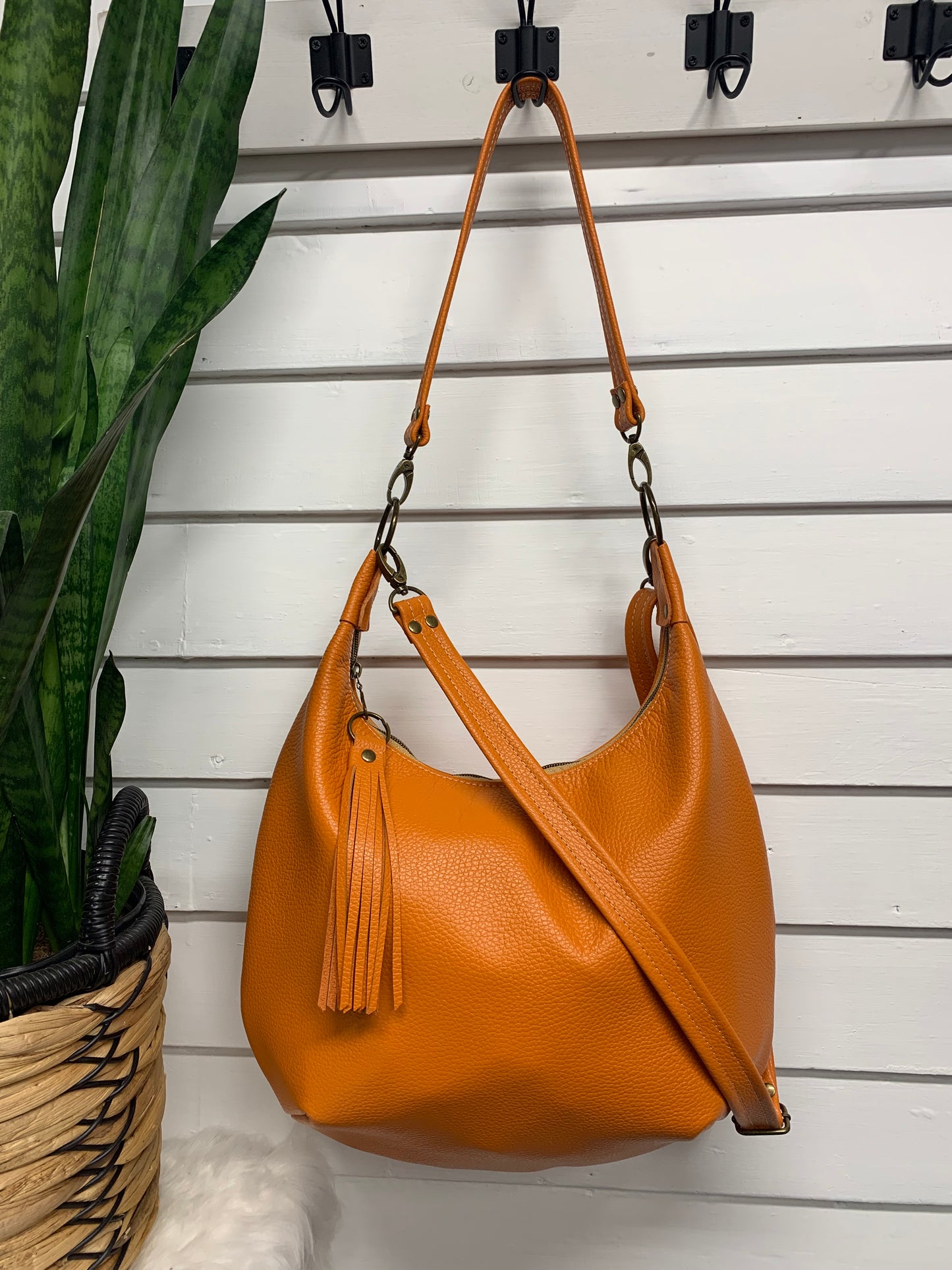 Onyx hobo bag, Pumpkin Italian pebble grain leather crossbody