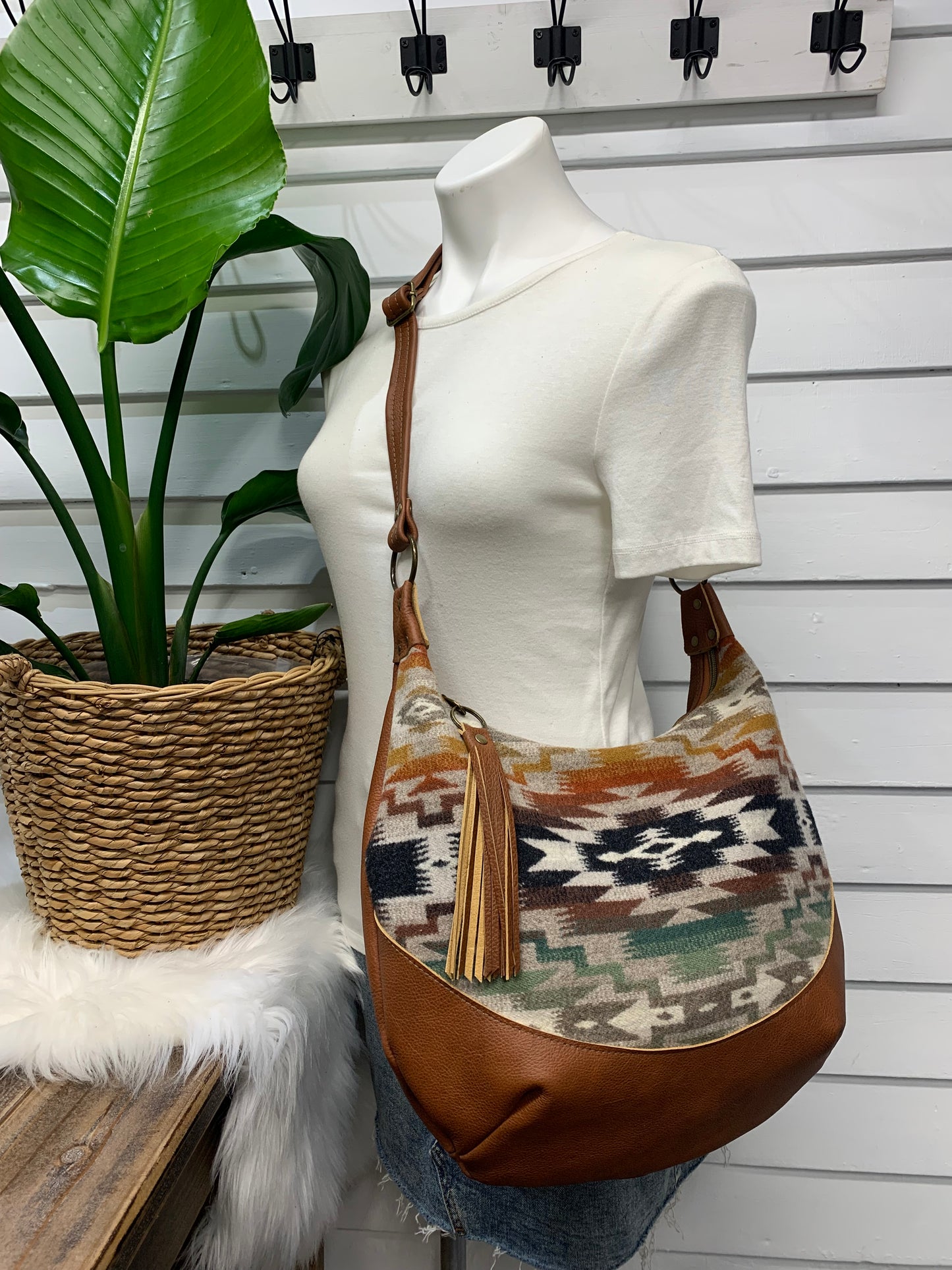Wool and spice brown leather hobo crossbody bag, Mesilla wool