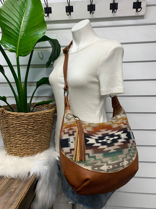 Wool and spice brown leather hobo crossbody bag, Mesilla wool