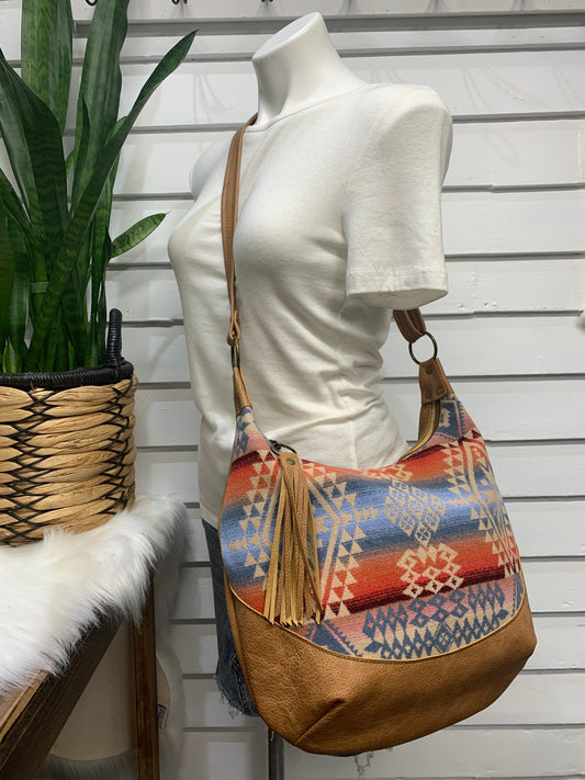 Wool and caramel leather hobo crossbody bag, Desert sky wool