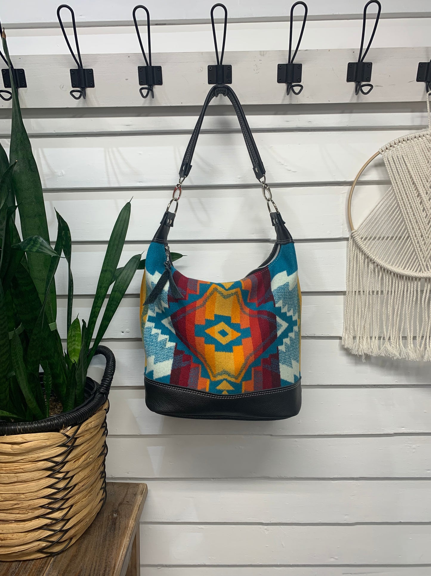 Jasper Bucket bag, All Over Turquoise wool, black leather