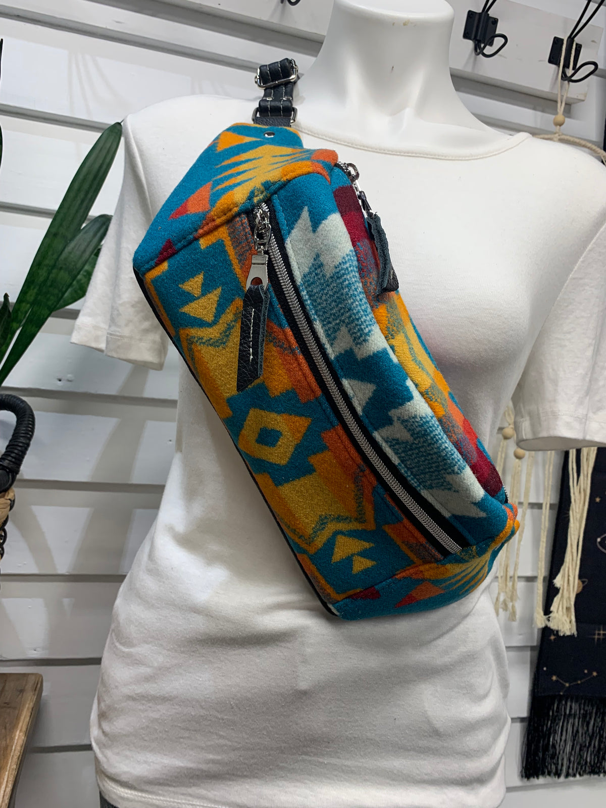Jade Sling bag All Over Turquoise wool and black leather crossbody