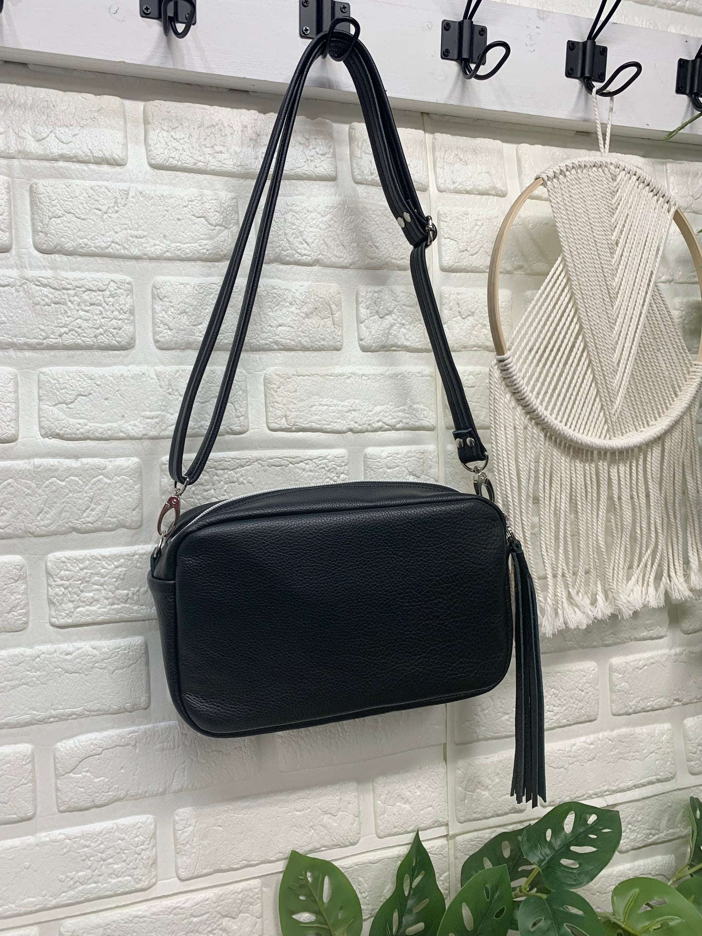 Emerald crossbody bag, Moon Phase, black genuine leather, Camera bag