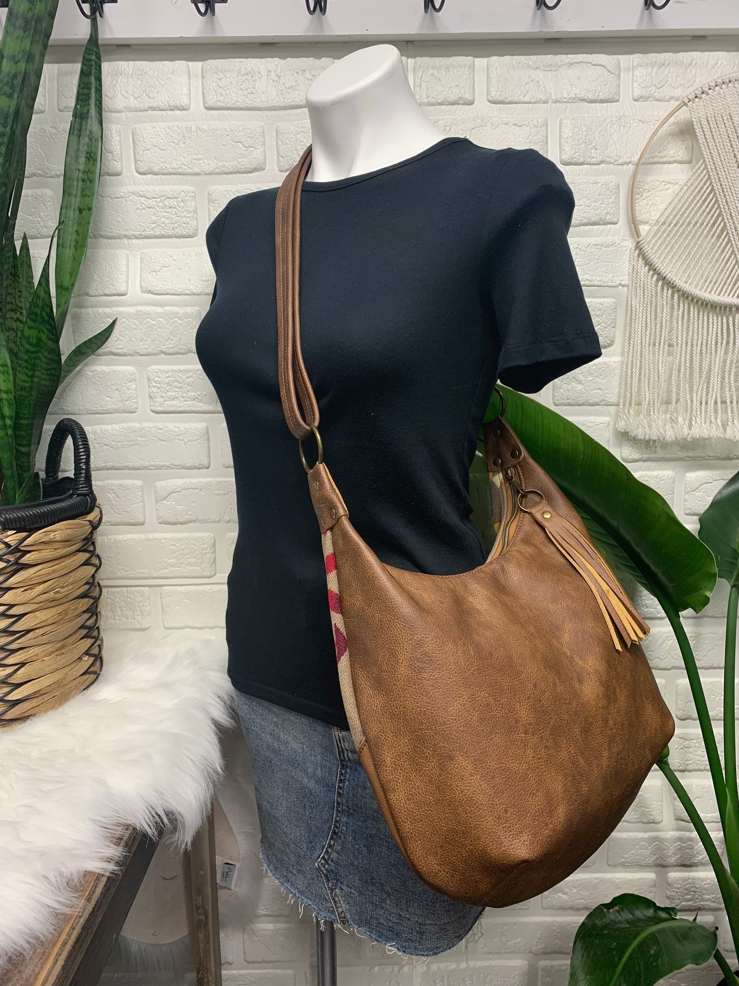 Wool and leather hobo bag, Pilot Rock wool fabric, brown genuine leather, hobo bag, wool crossbody bag