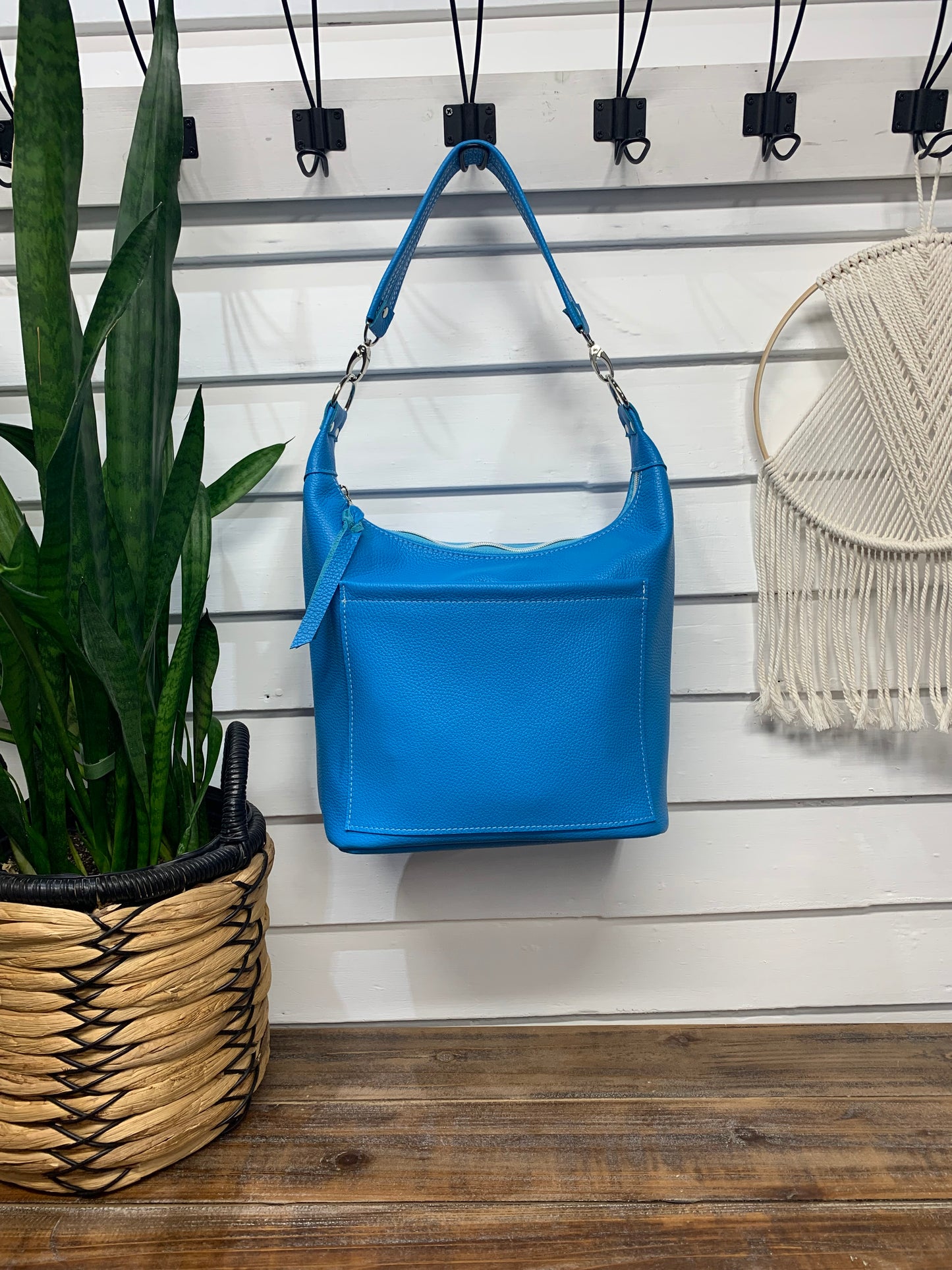 Jasper Bucket bag, Bright Blue Italian pebble grain leather