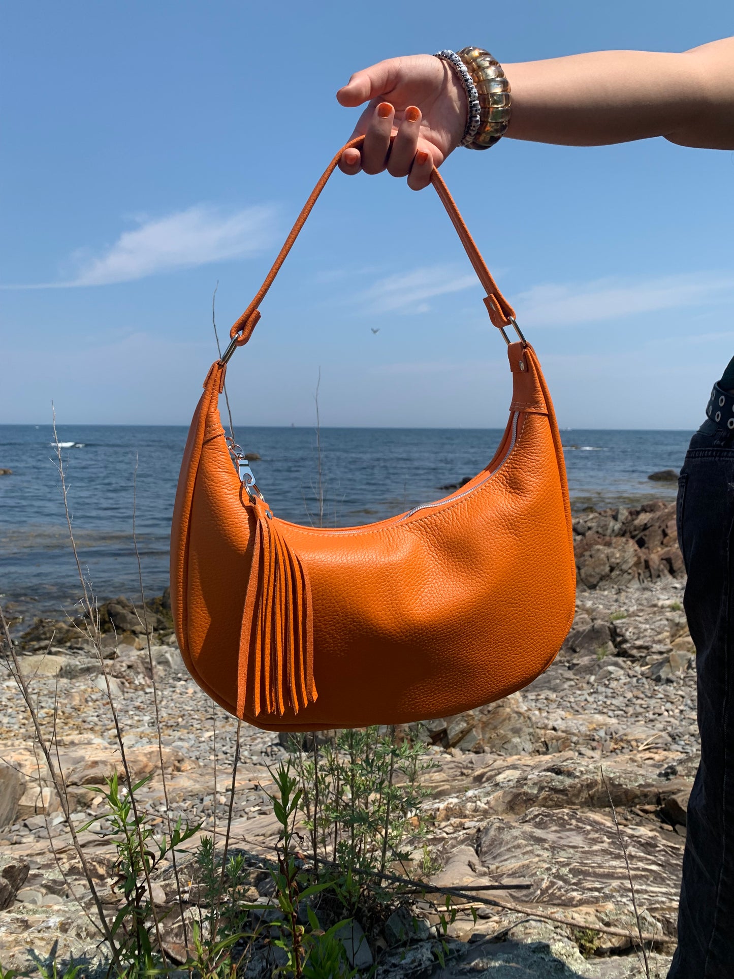 Garnet small hobo bag Orange Italian leather, shoulder strap