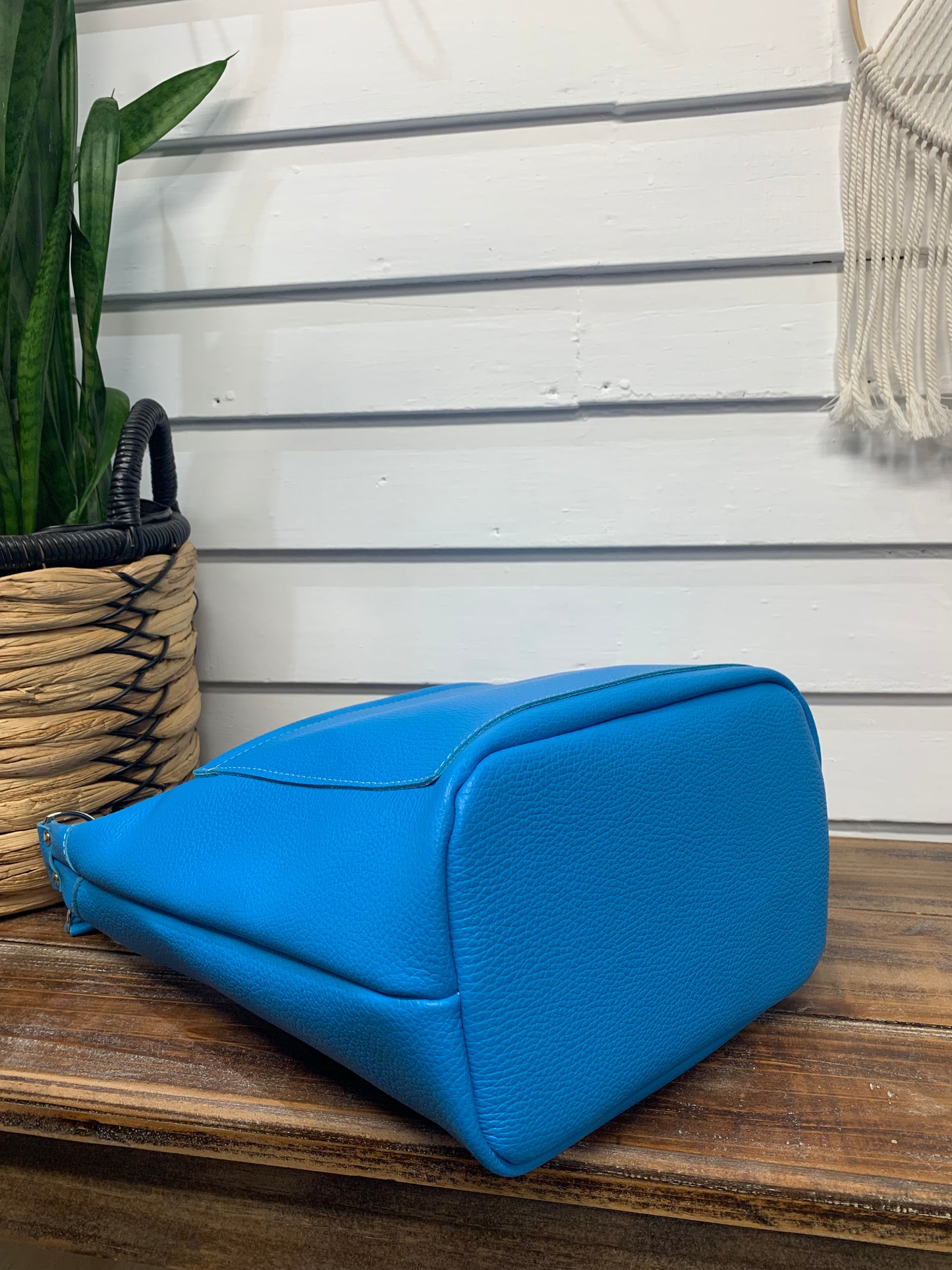 Jasper Bucket bag, Bright Blue Italian pebble grain leather