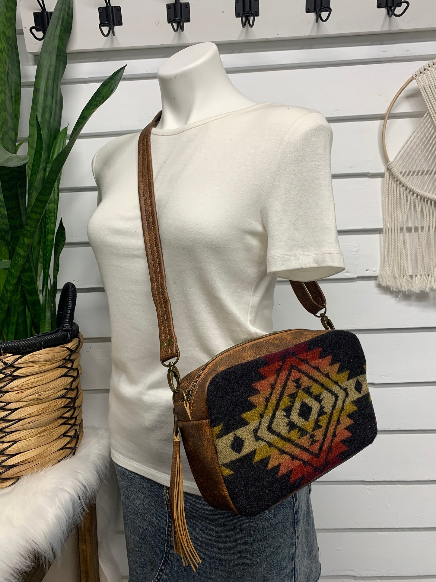 Emerald crossbody bag, Pueblo Dwelling wool, saddle brown leather