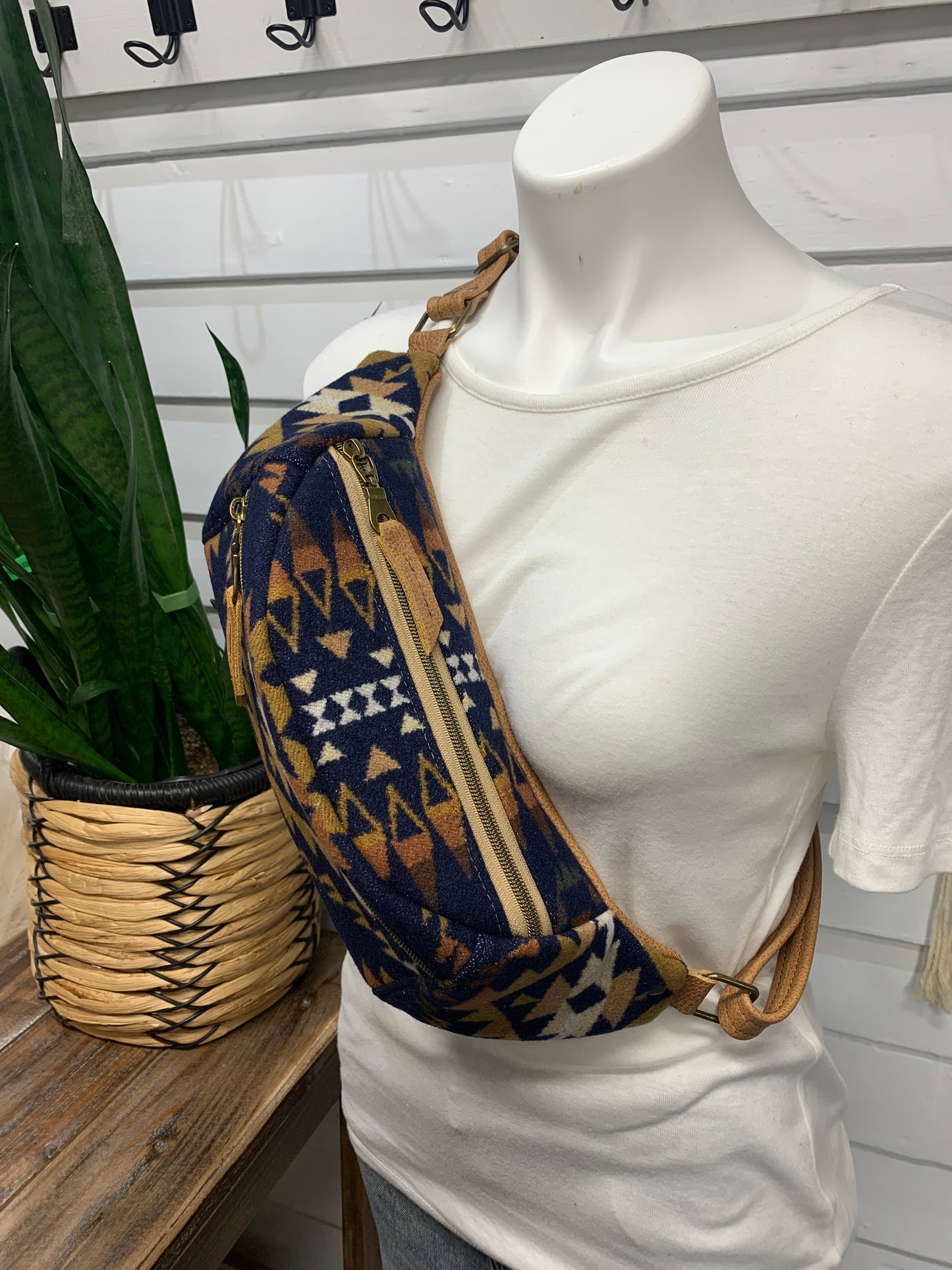 Jade Sling bag Navy Trails wool and caramel leather crossbody