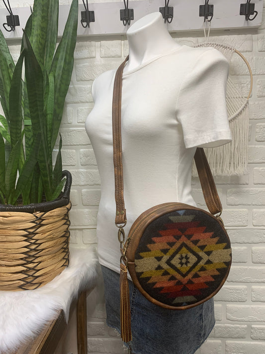 Moonstone crossbody bag, Pueblo dwelling wool, brown leather, Canteen bag