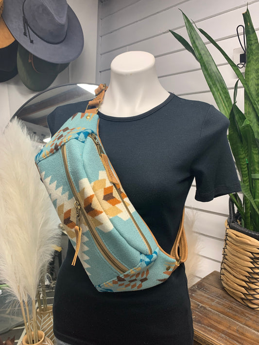 Jade Sling bag Aqua Rancho Arroyo wool and caramel leather crossbody