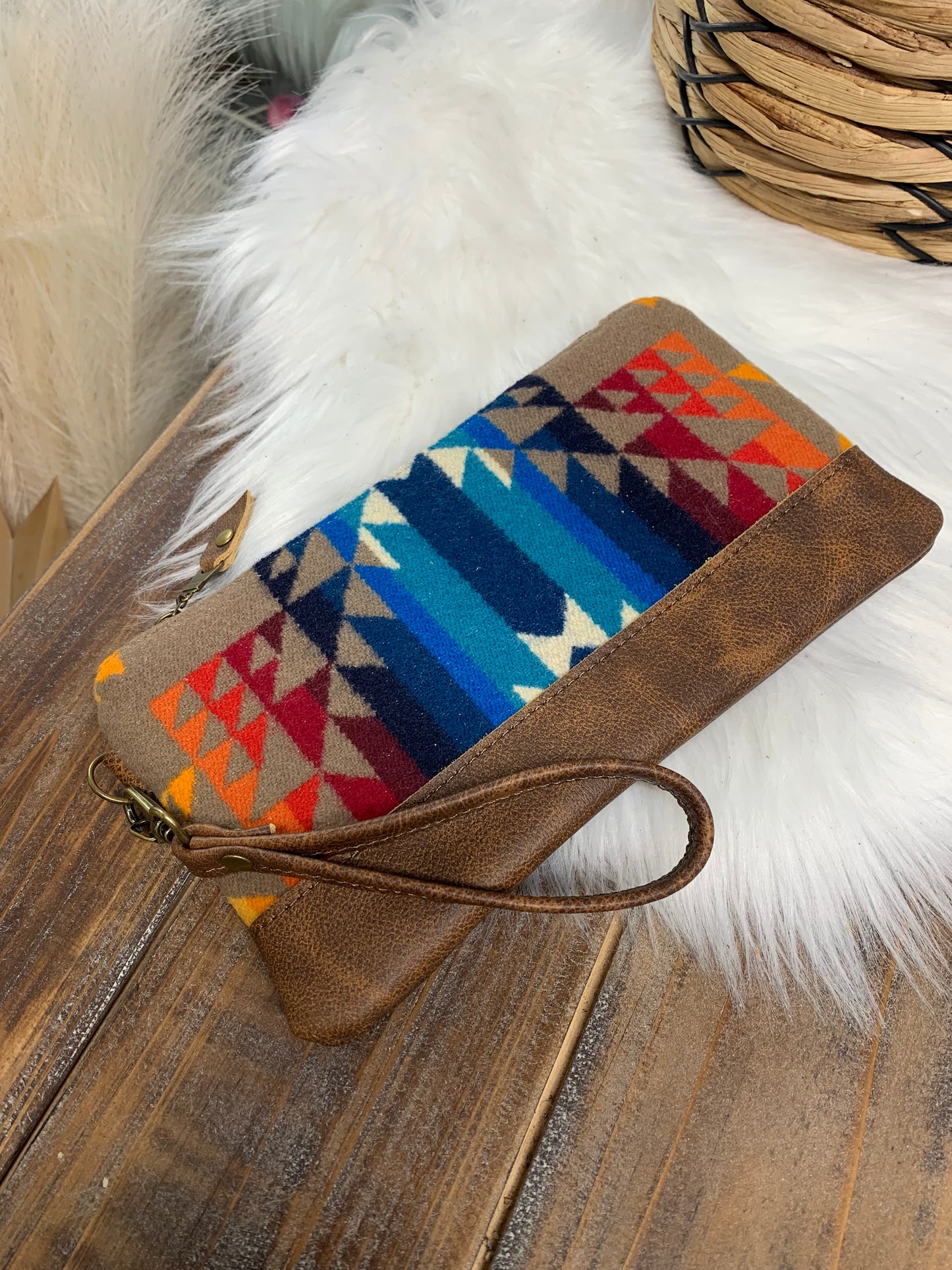 Wool and leather clutch wristlet, Pilot rock wool, saddle leather clutch wallet