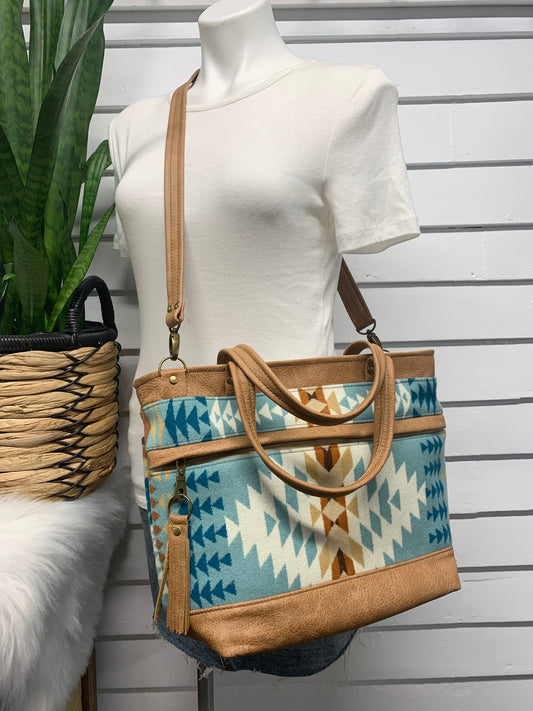 Topaz tote Wool and leather, Rancho Arroyo aqua, caramel leather