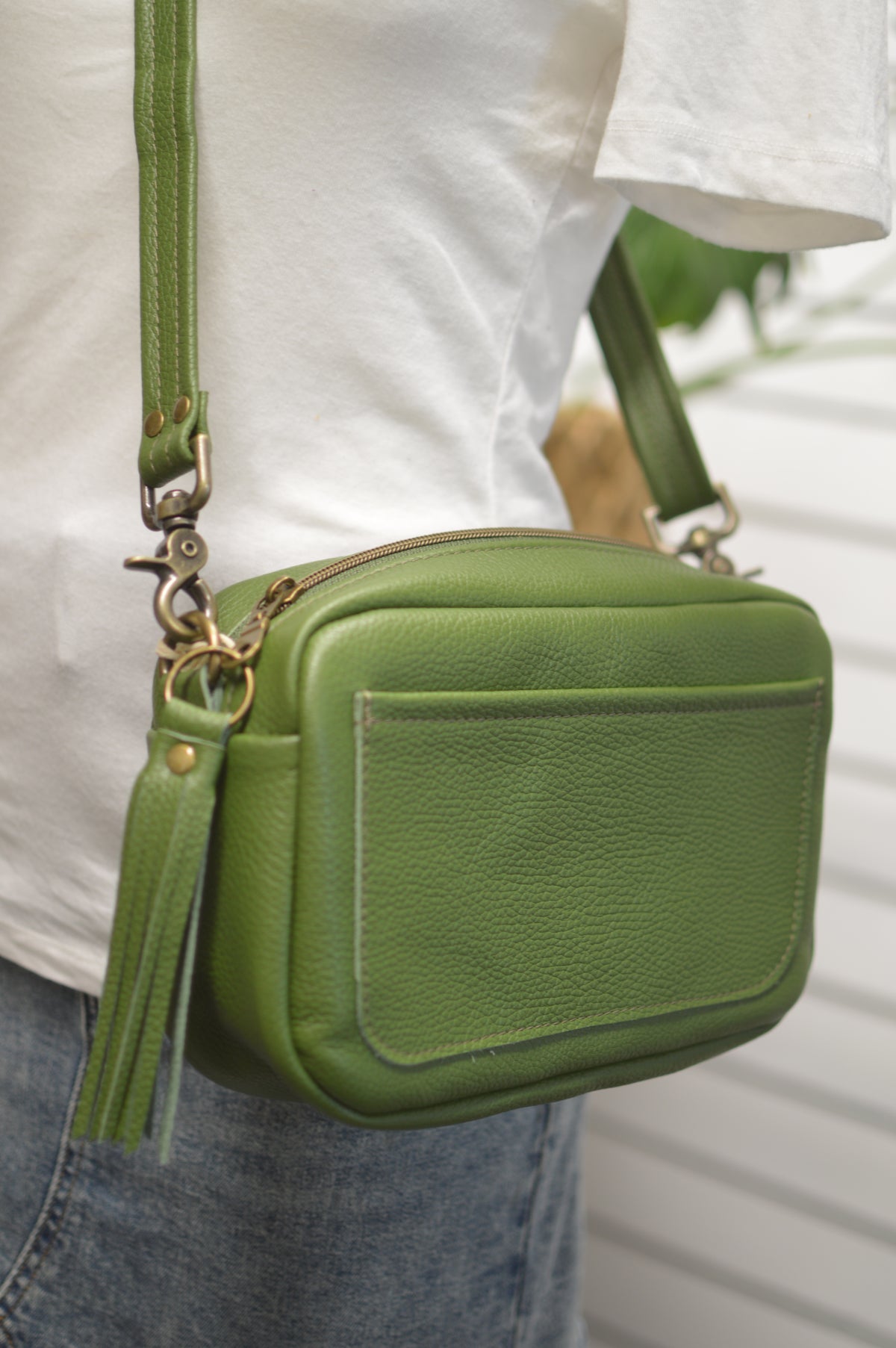 Emerald crossbody bag, Olive green Italian pebble grain leather
