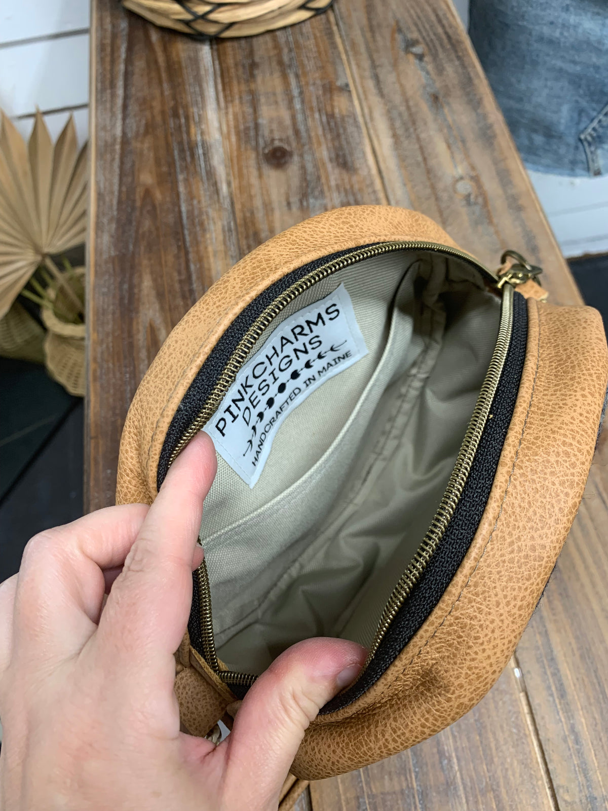 Moonstone crossbody bag, Harding black wool, caramel brown leather, Canteen bag
