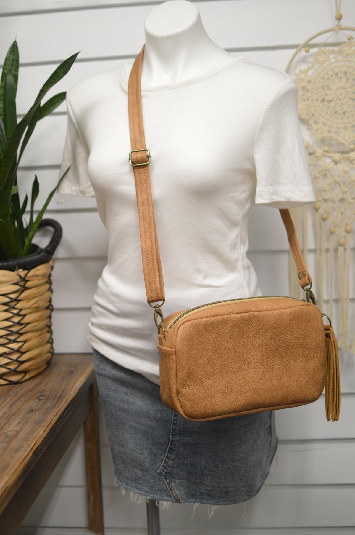 Emerald crossbody bag, Pagosa Springs wool, caramel leather, Square bag