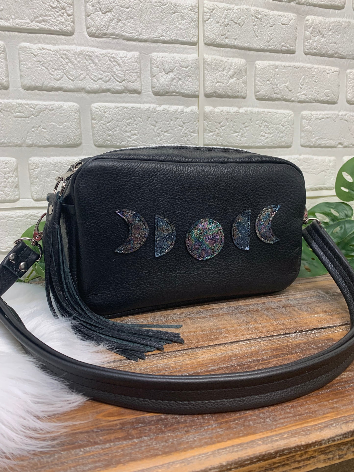 Emerald crossbody bag, Moon Phase, black genuine leather, Camera bag