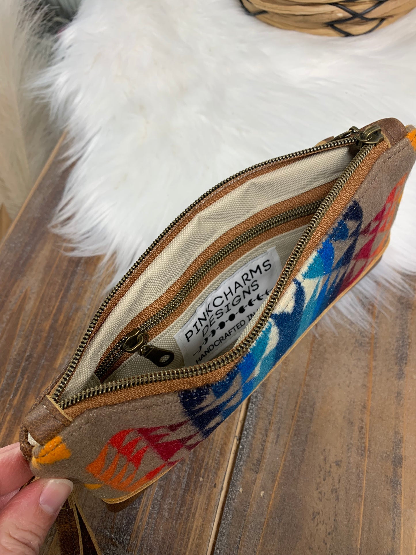 Wool and leather clutch wristlet, Pilot rock wool, saddle leather clutch wallet